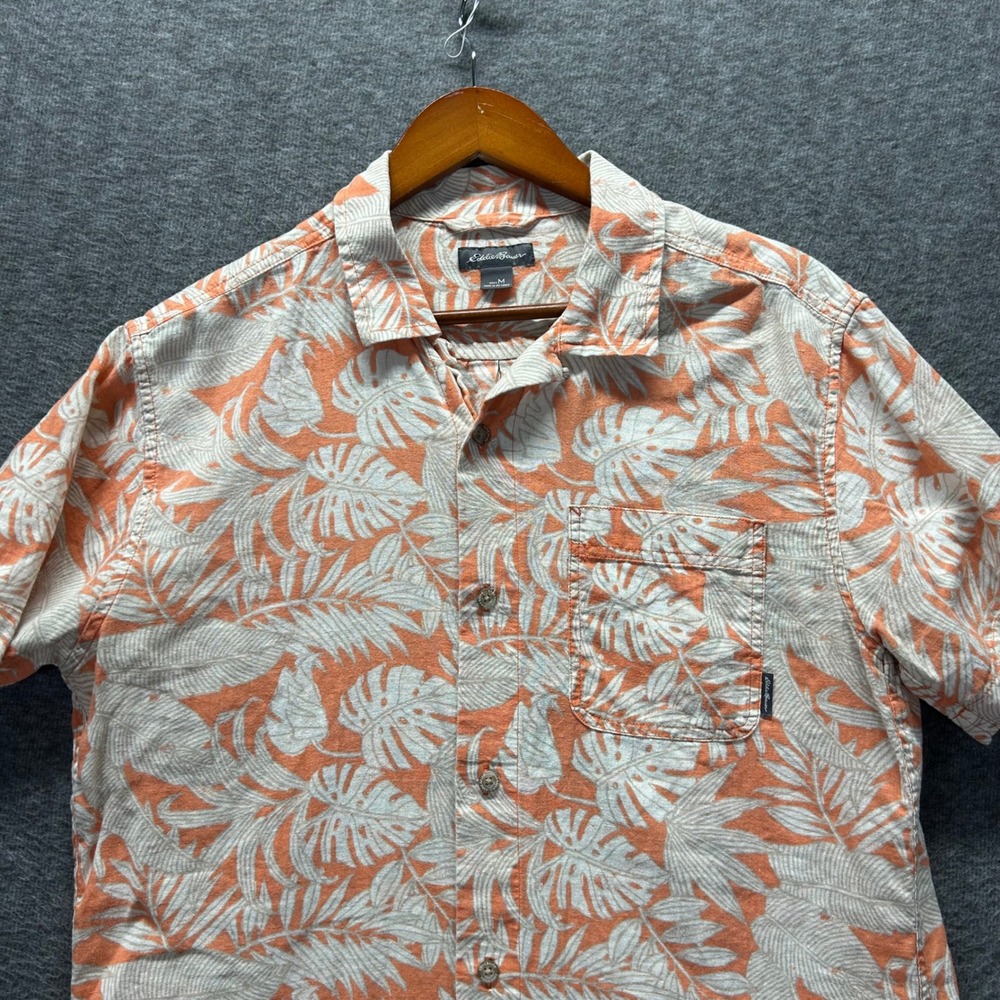 Eddie Bauer Mens Medium Orange Tropical Monstera Linen Blend Short Sleeve Shirt